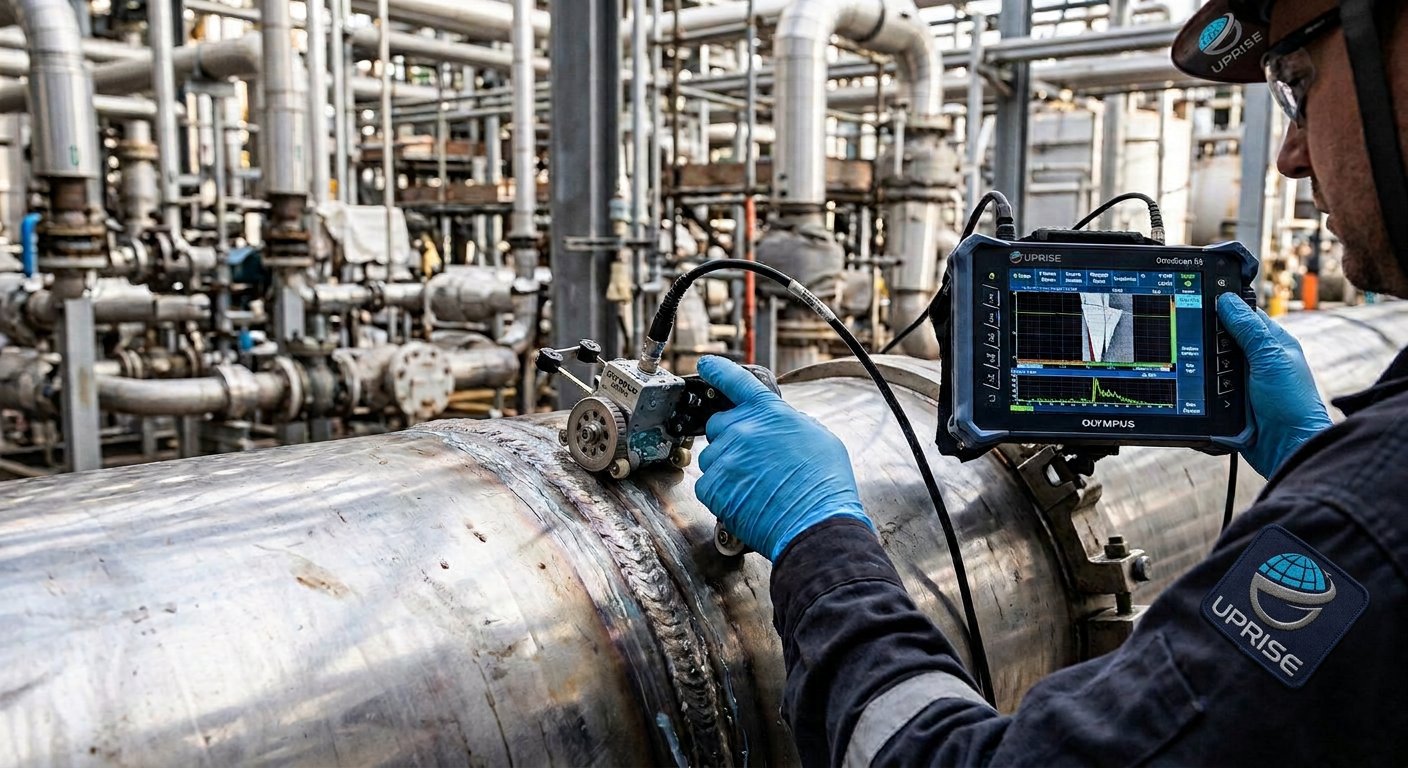 Phased array ultrasonic testing on a pipe weld