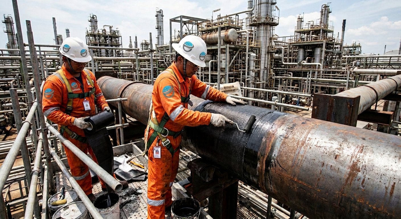 Technicians applying a carbon fibre composite wrap to a pipeline