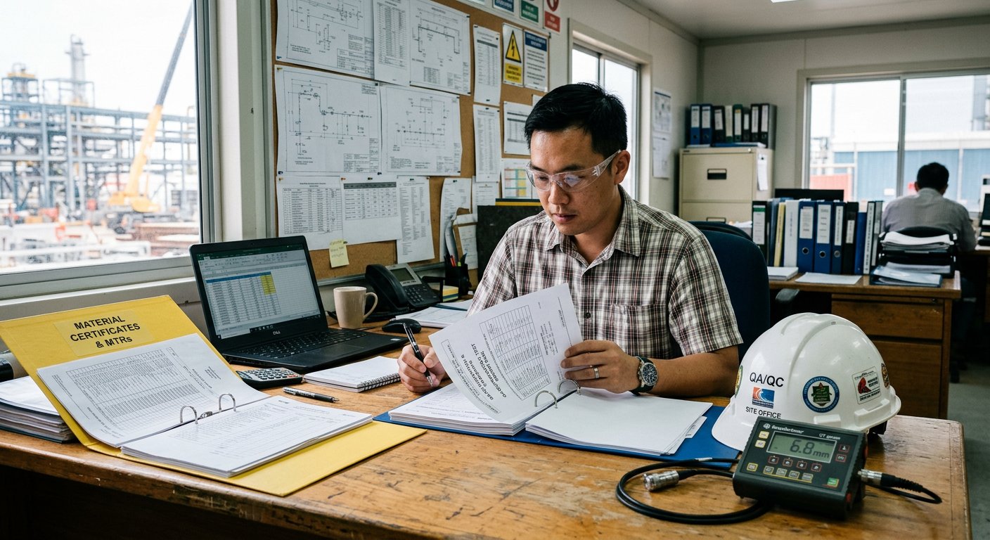 Inspection engineer reviewing a QA/QC documentation package