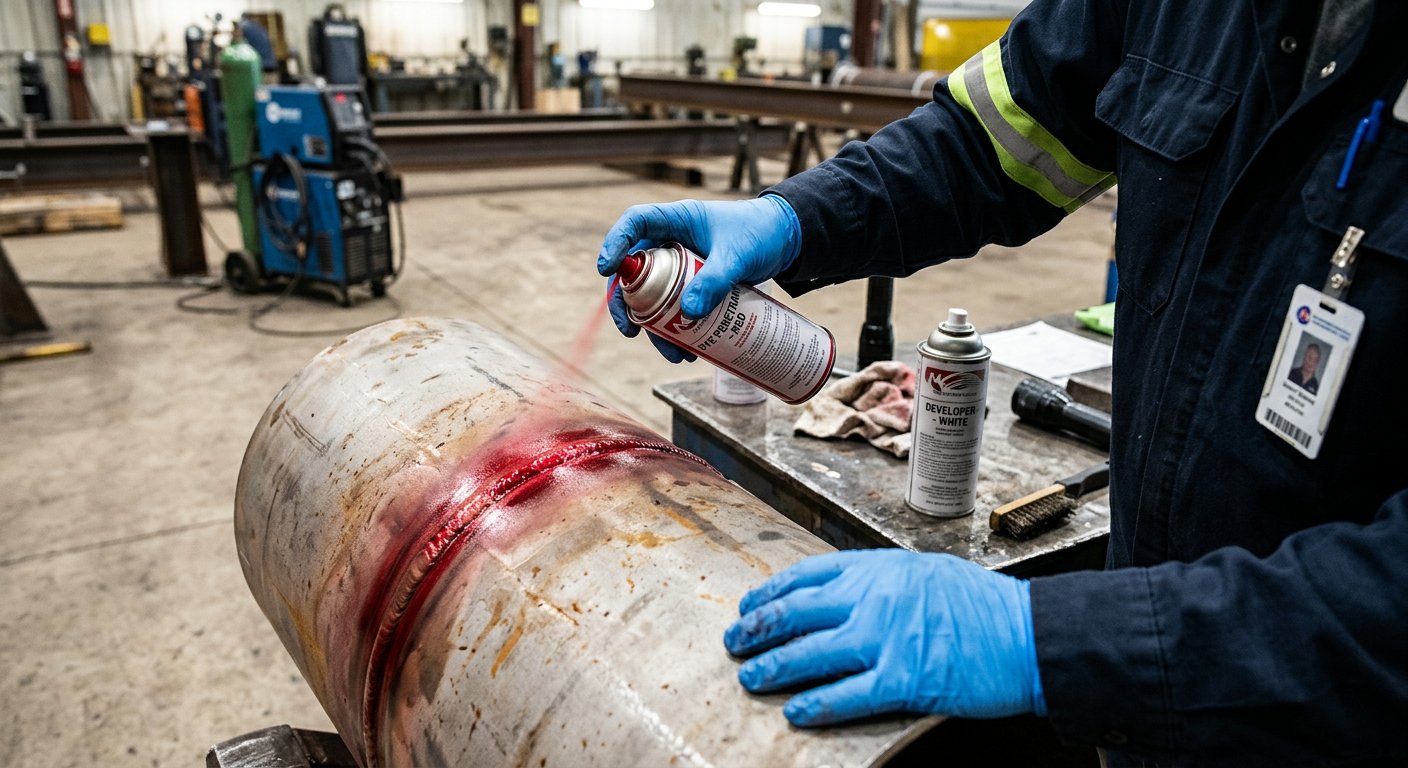 Dye penetrant testing applied to a steel weld