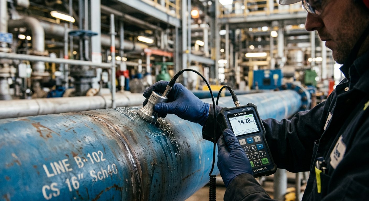Ultrasonic thickness gauging on a steel pipeline