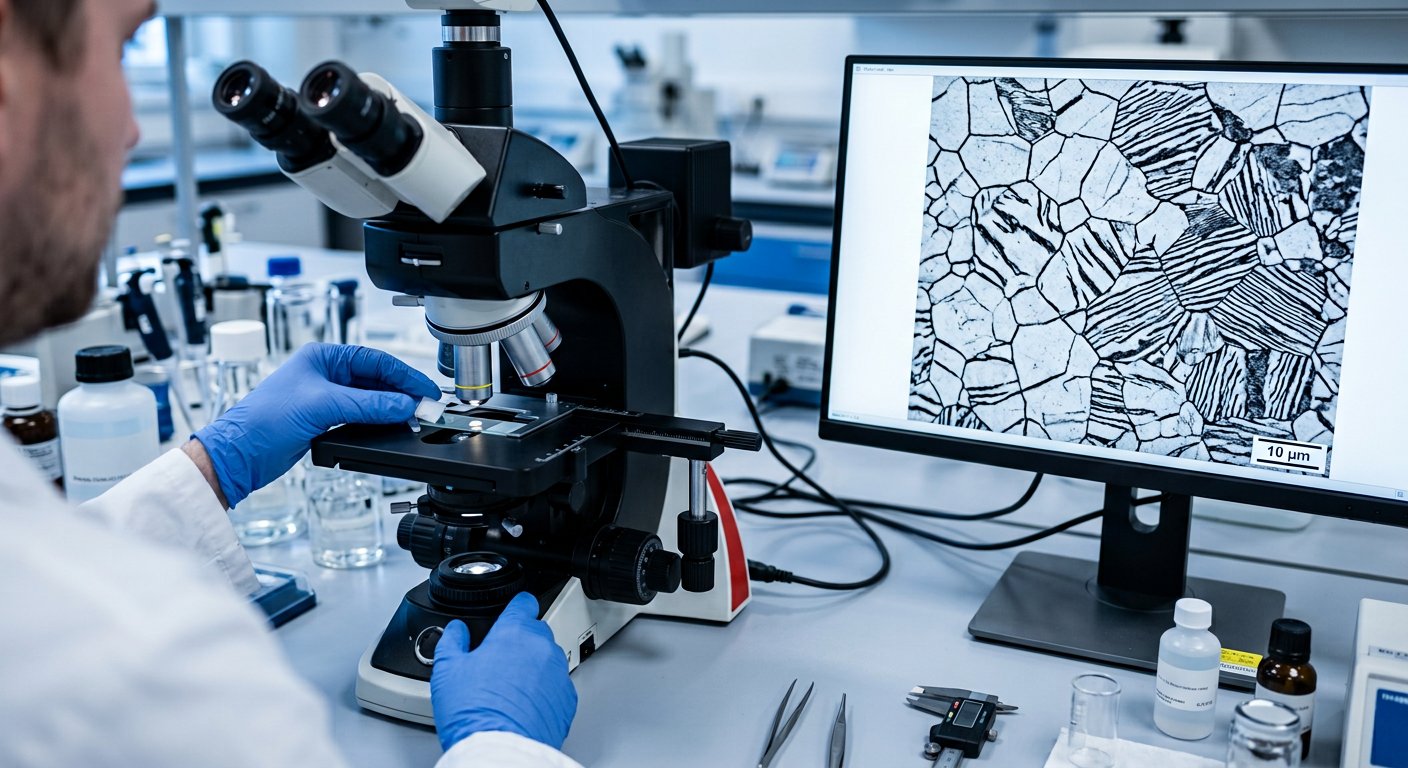 Metallurgical professor examining a replica under the microscope