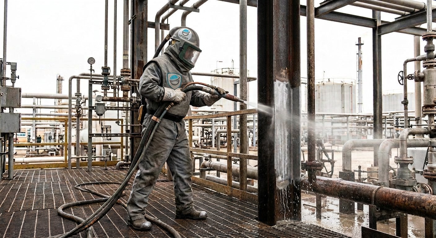 Wet abrasive blasting of a steel structure