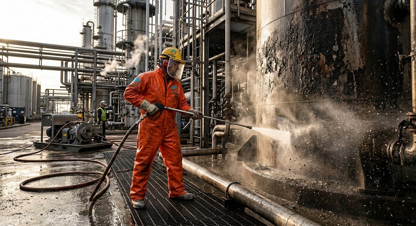 High-pressure water jetting on a process vessel