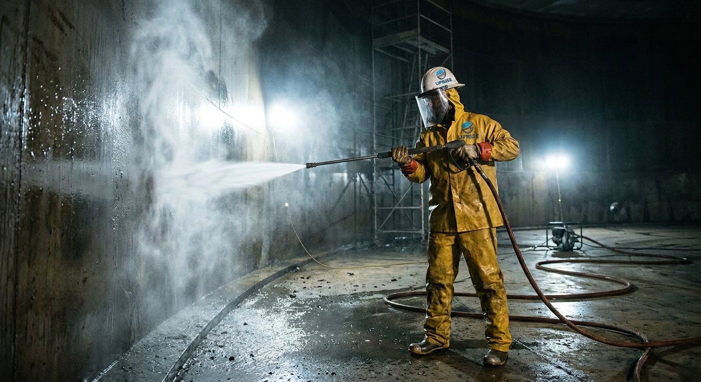 Water jet cleaning inside a storage tank